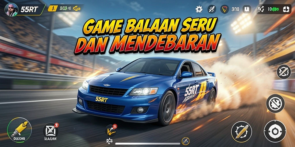 Tampilan gameplay menegangkan di 55RT dengan mobil balap yang cepat.