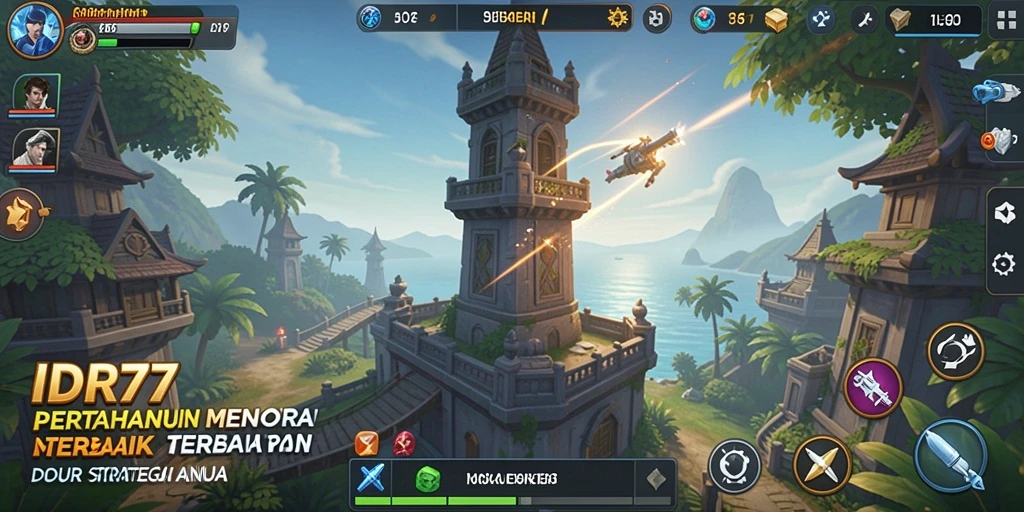 Screenshot gameplay menunjukkan aksi seru dan menara yang strategis di IDR77.
