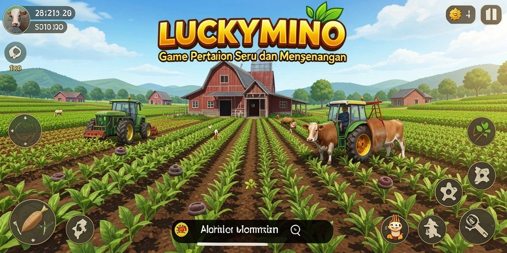 Tangkapan layar gameplay <strong>LUCKYMINO</strong> menampilkan suasana pertanian yang ceria.