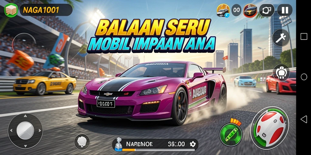 Screenshot gameplay NAGA1001 menampilkan mobil balap di lintasan.
