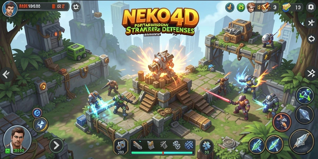 Tangkapan layar utama NEKO4D menampilkan pertempuran strategis Tower Defense yang epik.