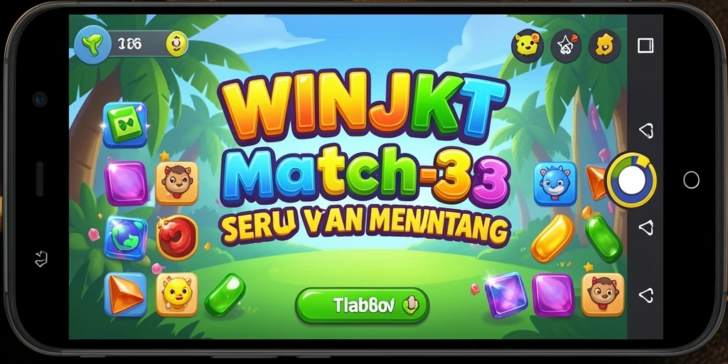 Screenshot gameplay WINJKT menampilkan pencocokan objek warna-warni yang seru.